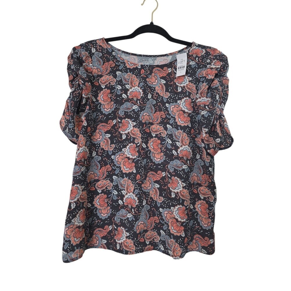 NWT Ann Taylor Size Small Womens Floral Short Puffed Sleeve Stretch Knit Blouse
